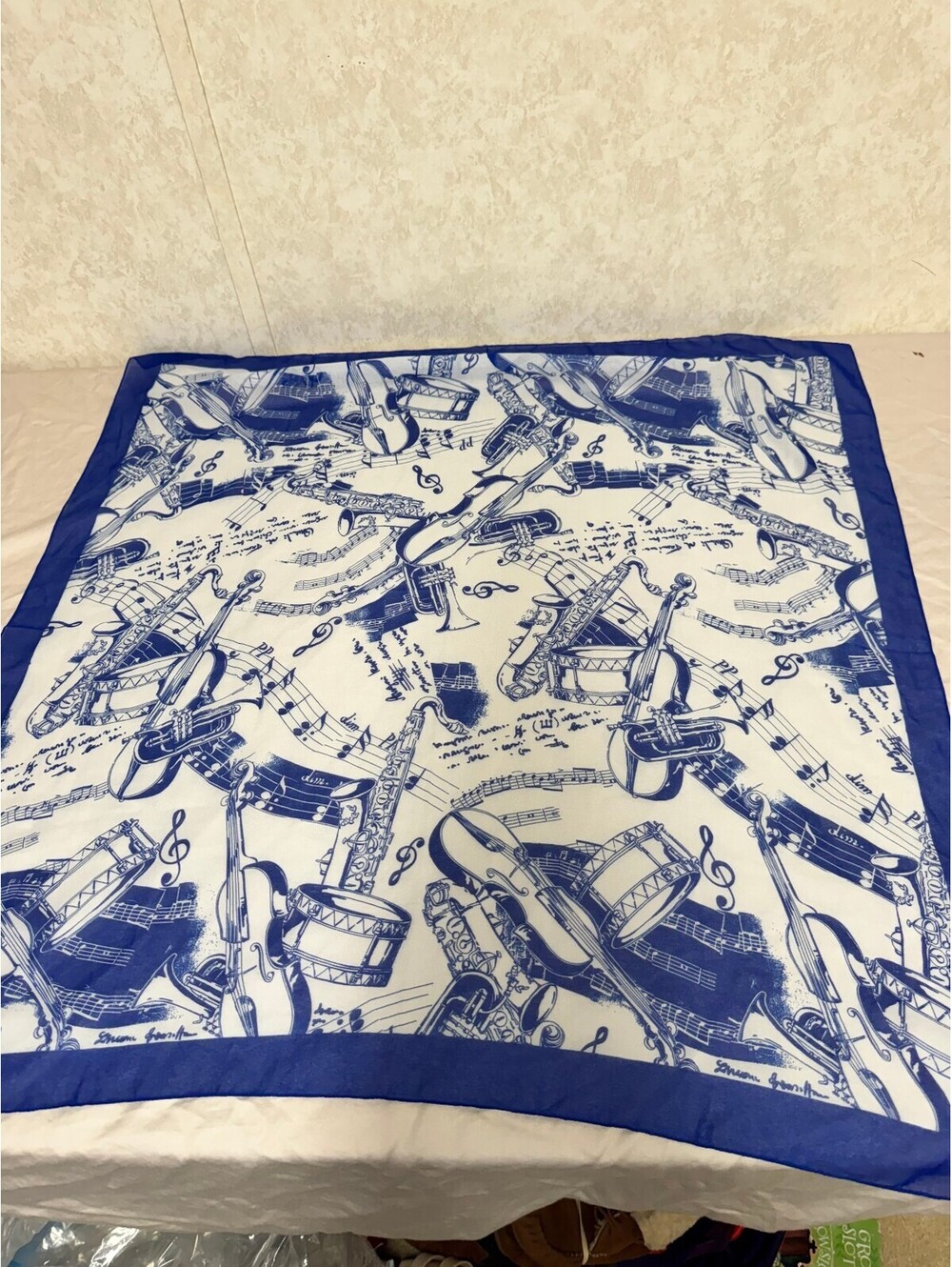 Vintage Blue White Musical Instrument Square Polyester Scarf 31x30